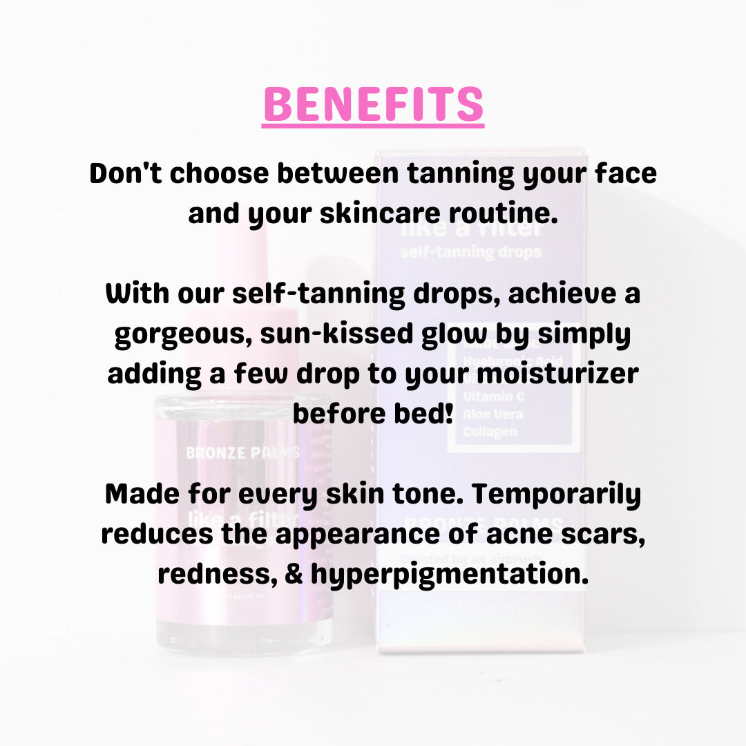 Product information with text about self-tanning drops on a white background