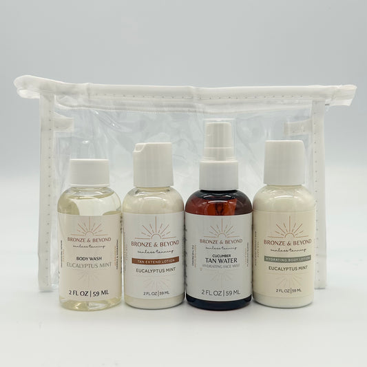 Set of Bronze & Beyond products with a clear pouch on a white background