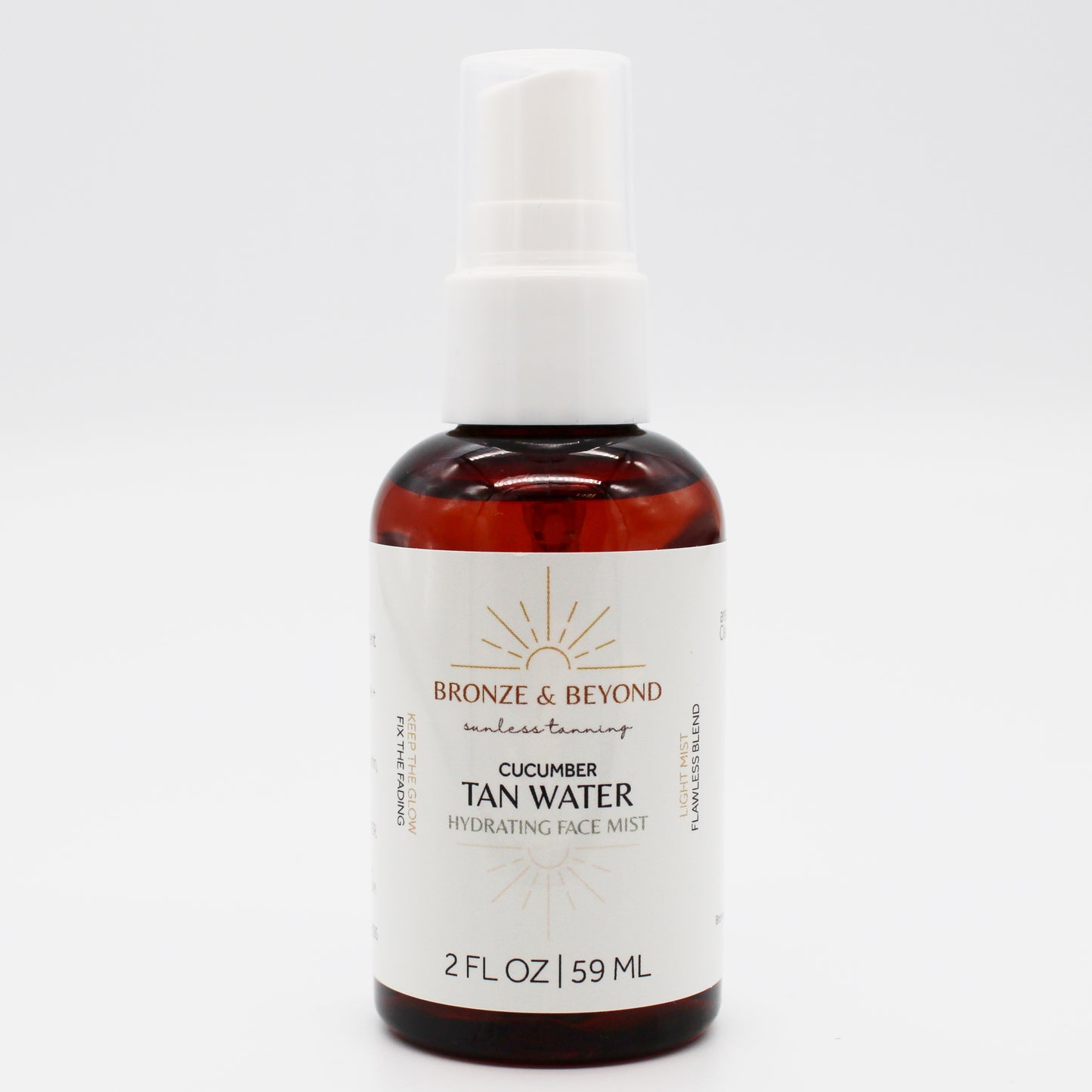 Bottle of Bronze & Beyond Cucumber Tan Water hydrating face mist on a white background