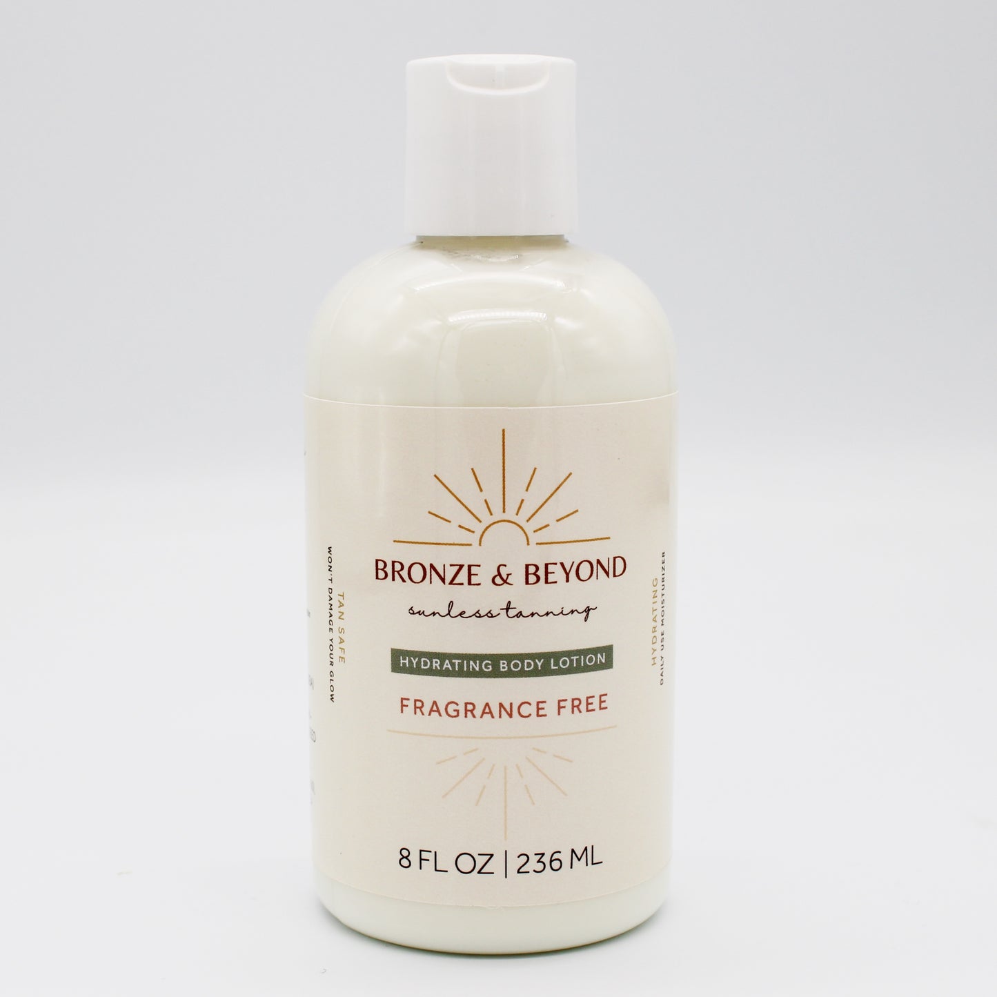 Bottle of Bronze & Beyond unscented tan safe body lotion on a white background
