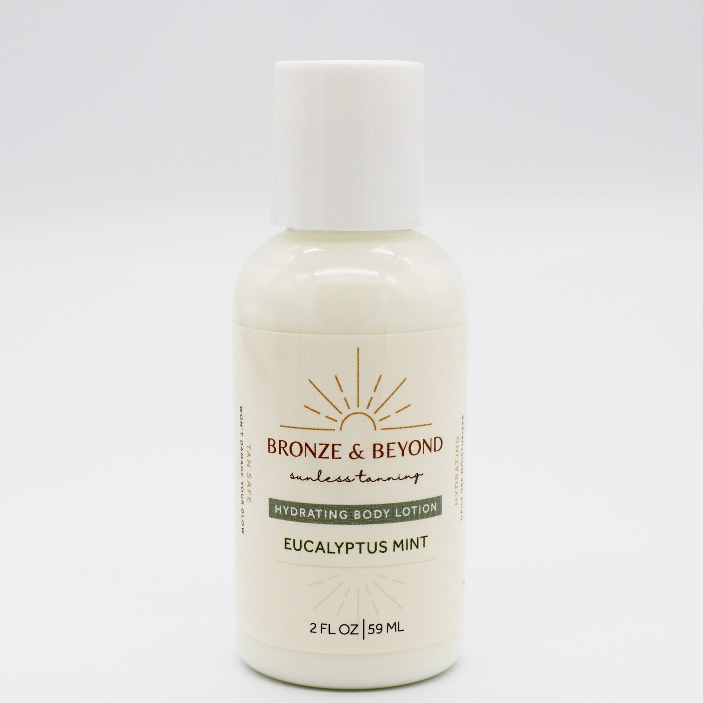 Bottle of Bronze & Beyond hydrating body lotion with Eucalyptus Mint scent on a white background