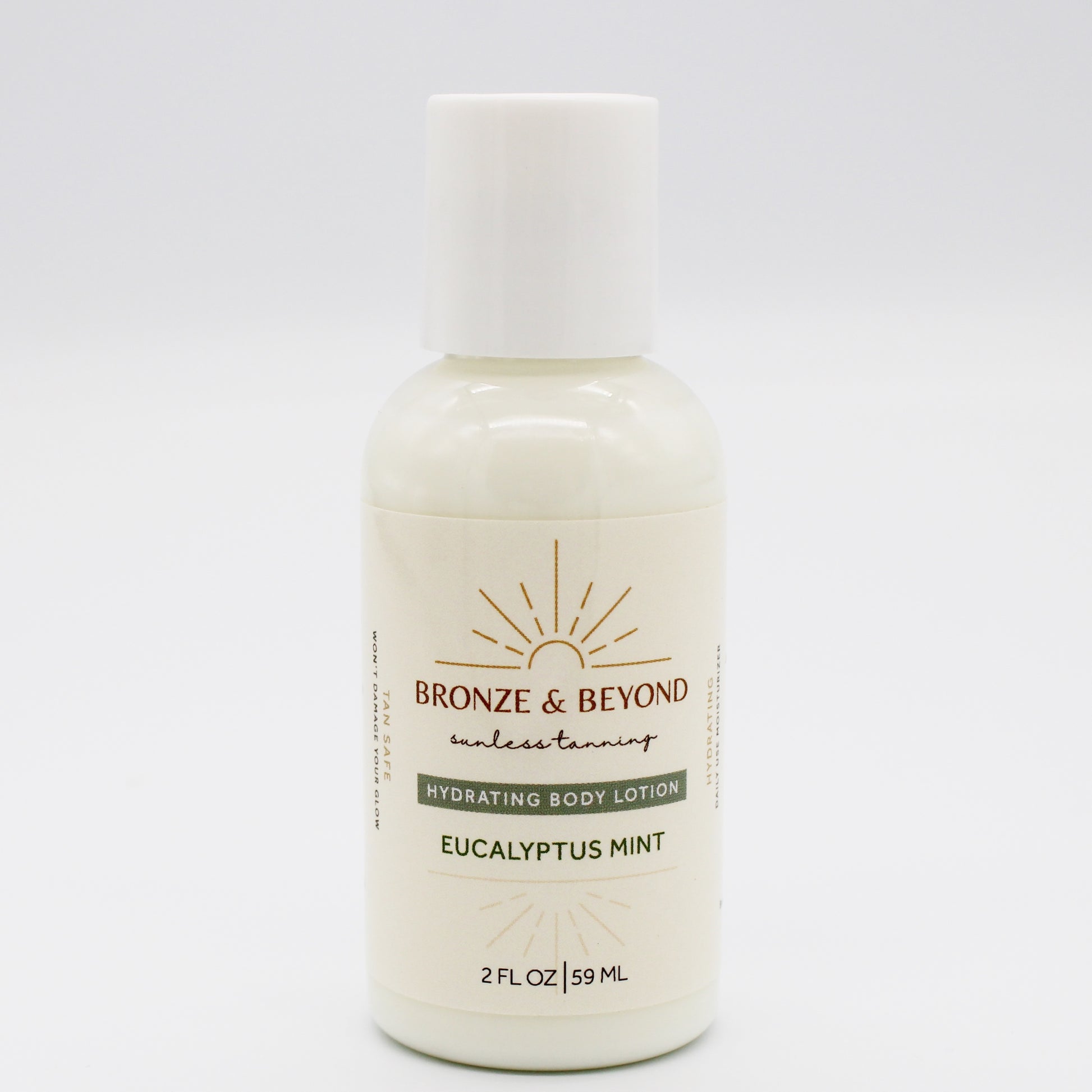 Bottle of Bronze & Beyond hydrating body lotion with Eucalyptus Mint scent on a white background