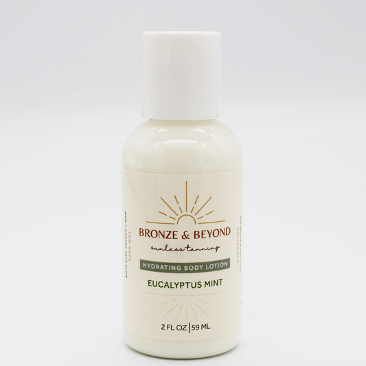 Bottle of Bronze & Beyond hydrating body lotion with Eucalyptus Mint scent on a white background