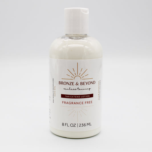 Bottle of Bronze & Beyond tan extend lotion on a white background