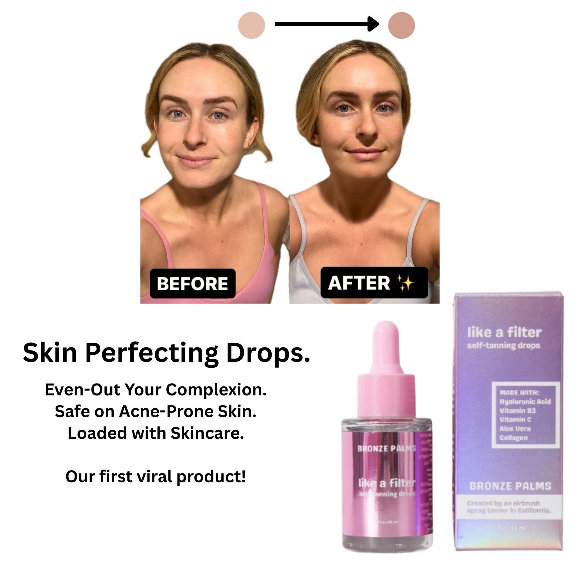 Like a Filter serum with a before and after comparison of skin, dropper bottle, and packaging.