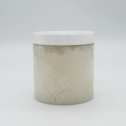 clear 10 oz jar of unlabeled exfoliating body scrub